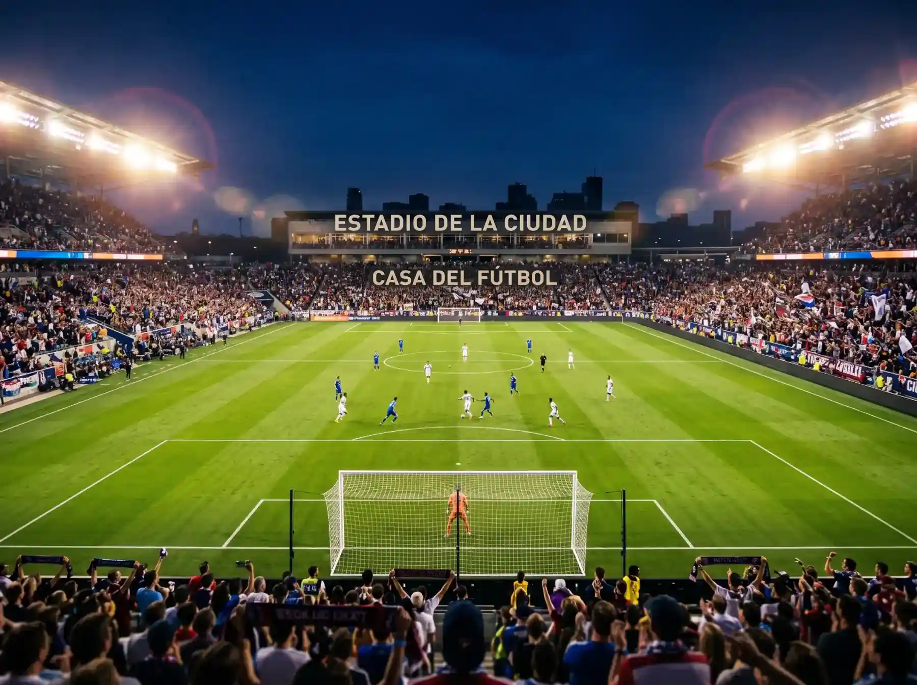 Apuestas en la MLS: panorámica de un estadio de fútbol norteamericano iluminado durante un partido nocturno