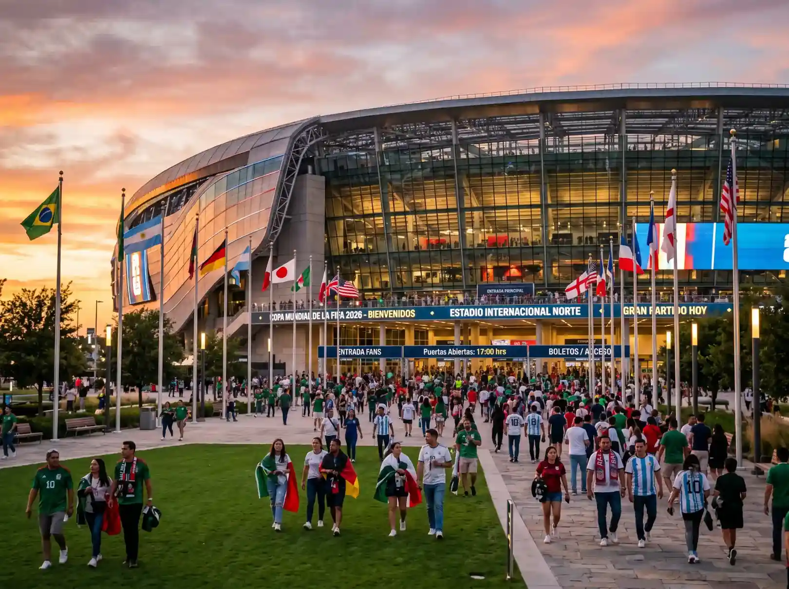 Estadio de fútbol preparado para el Mundial 2026 en Norteamérica con banderas internacionales